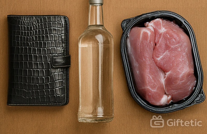 Leather wallet, alcohol bottle, and raw pork meat on a table — inappropriate gift ideas that offend or confuse recipients.