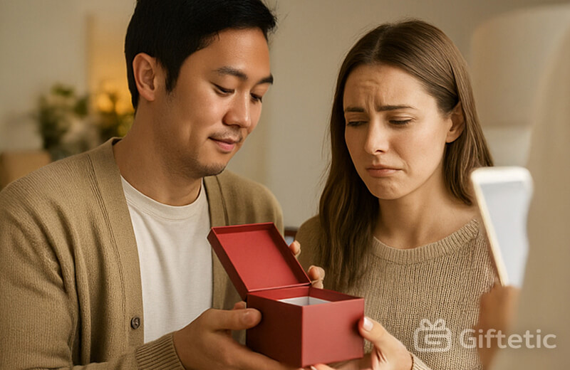 Woman looking disappointed after receiving an unwanted gift from her partner who seems to be delighted — common gifting mistake.