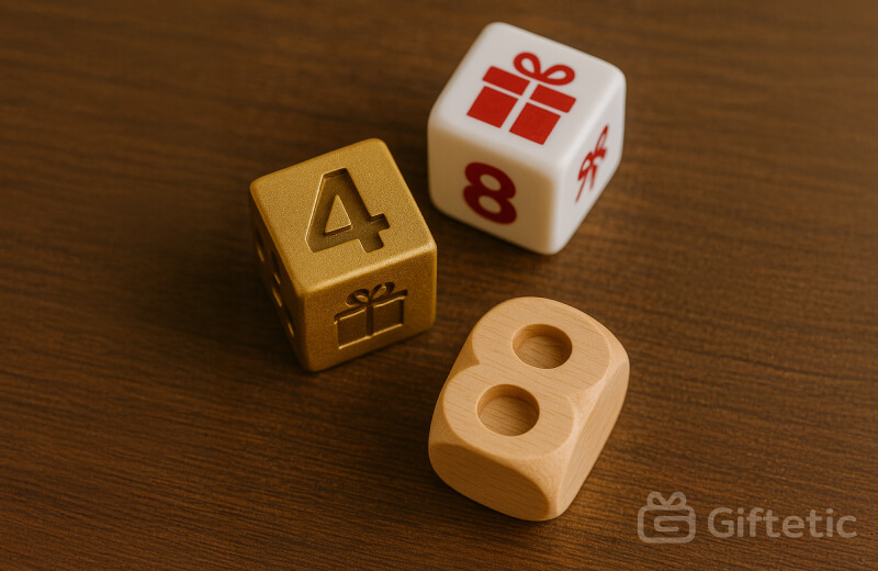 Three dice featuring the numbers 4 and 8 along with gift box icons, symbolizing numerical significance in gift-giving traditions