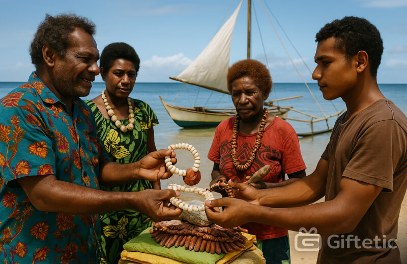 Four Trobriand Islanders stand on a beach in Papua New Guinea, exchanging ceremonial shell necklaces and bracelets as part of the Kula Ring tradition. They wear colorful clothing and shell jewelry, gathered around a table with more traditional adornments. Behind them, a wooden outrigger canoe with a white sail rests in the shallow ocean waters under a partly cloudy sky, symbolizing the maritime nature of this ancient gift-exchange system.