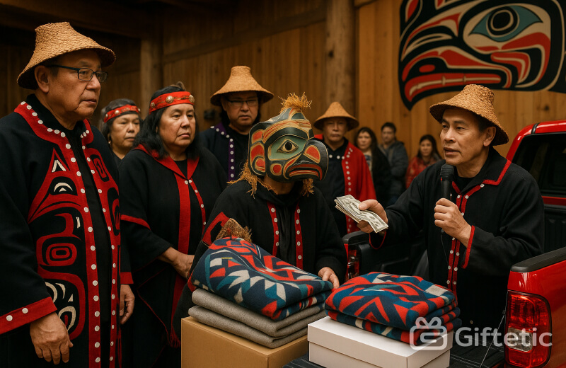 A group of Pacific Northwest First Nations people participate in a Potlatch ceremony inside a wooden longhouse. They wear traditional woven hats and regalia decorated with red and black Indigenous patterns. One person holds a stack of cash, while others stand beside piles of colorful blankets and gift boxes on the bed of a red pickup truck. A large mural featuring a stylized Indigenous face is painted on the wooden wall behind them.