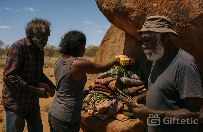 Three Aboriginal Australians participate in an increase ceremony at a sacred rock site in a dry, open landscape under a clear blue sky. One person places a wrapped offering on a pile of decorated cloth bundles, leaves, and stones arranged at the base of a large ochre-colored boulder. The others hold ceremonial items, including sticks and rocks, with solemn expressions, reflecting a deep spiritual connection to the land.