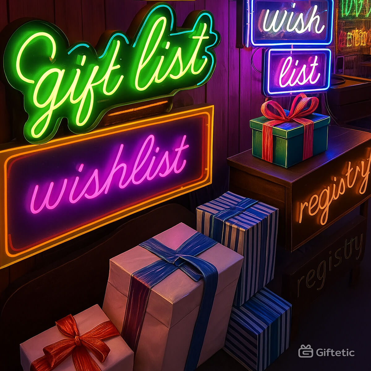 Colorful neon signs displaying the words ‘gift list,’ ‘wishlist,’ ‘wish list,’ and ‘registry’ above stacked, ribbon-wrapped presents, illustrating the visual differences between common gifting terms.