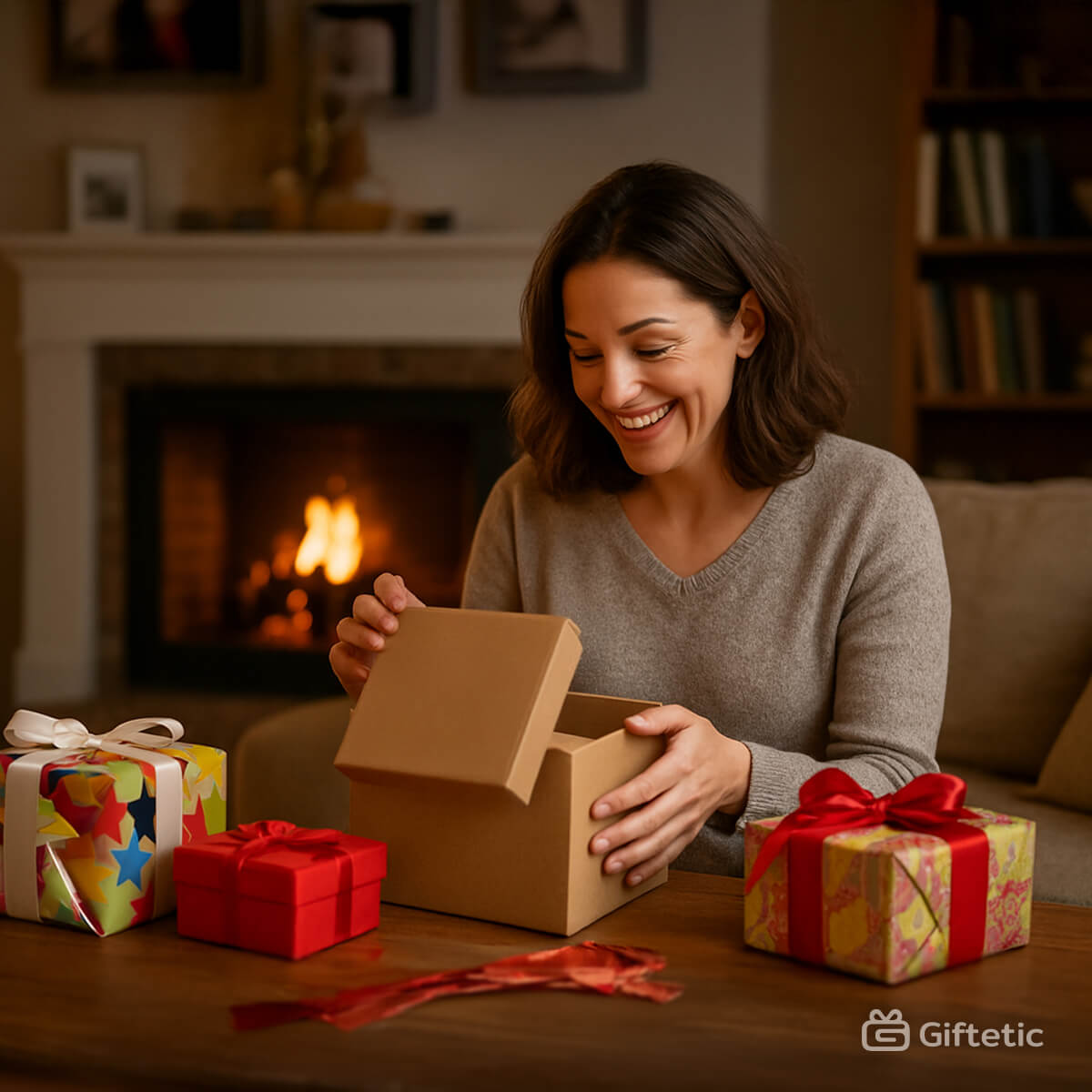 A smiling woman opens a gift box in a cozy living room with a fireplace and presents — illustrating Giftetic’s blog on the benefits of creating an online wishlist.