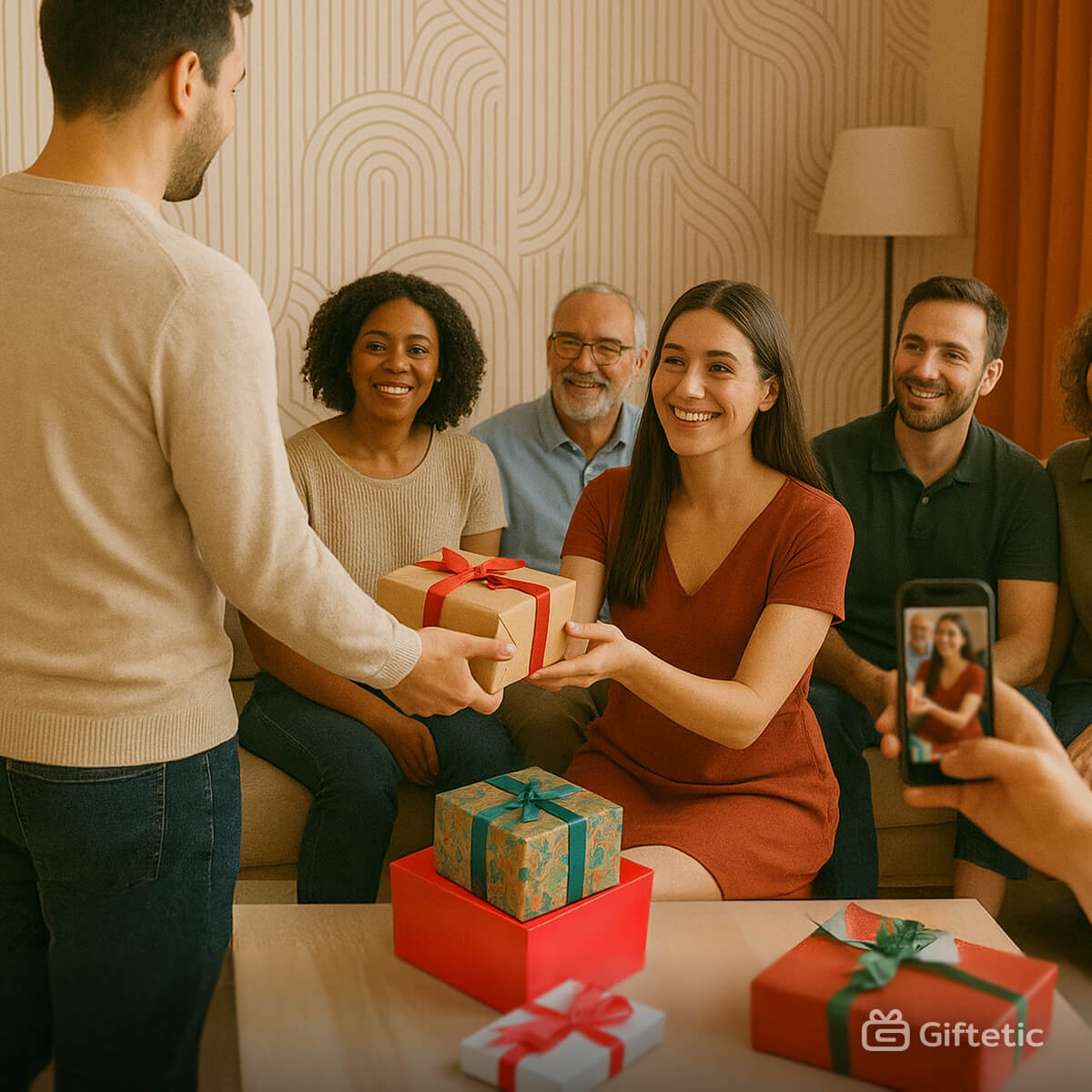 A diverse group of friends and family exchanging colorful wrapped gifts in a cozy living room while one person captures the moment on a smartphone — illustrating smart gift planning and digital wishlist organization with [APP_NAME].