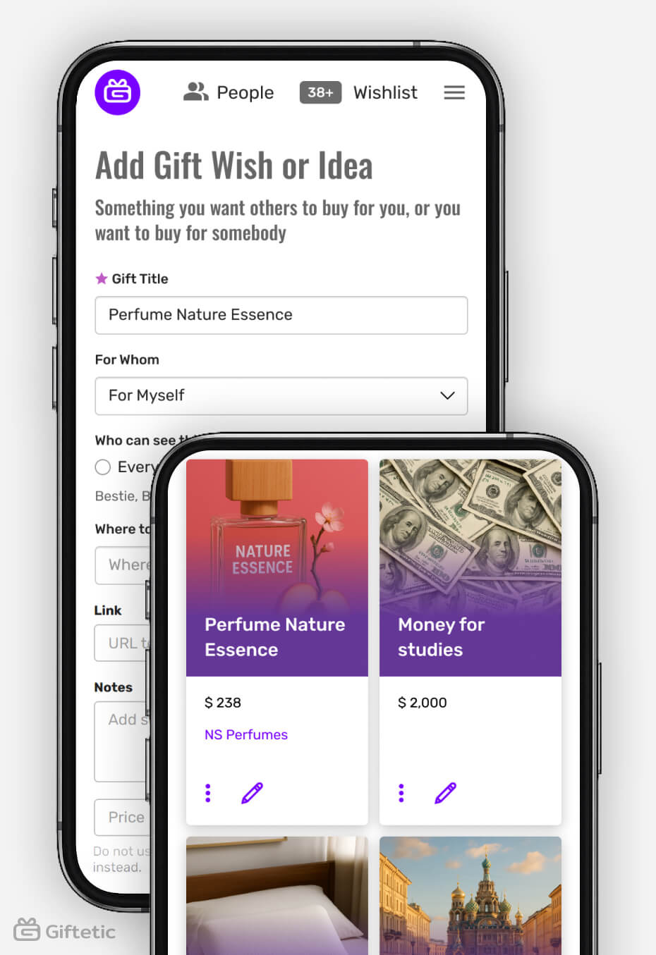 Giftetic mobile screenshot showing how to add a gift wish or idea to a wishlist, featuring items like “Perfume Nature Essence” and “Money for studies” — helping users organize and personalize gift preferences.