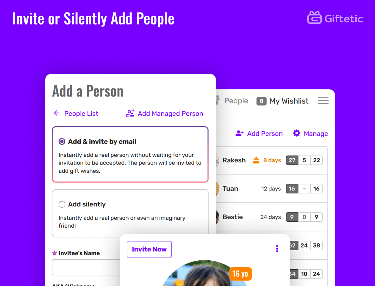 Invite or Silently Add People feature of Giftetic