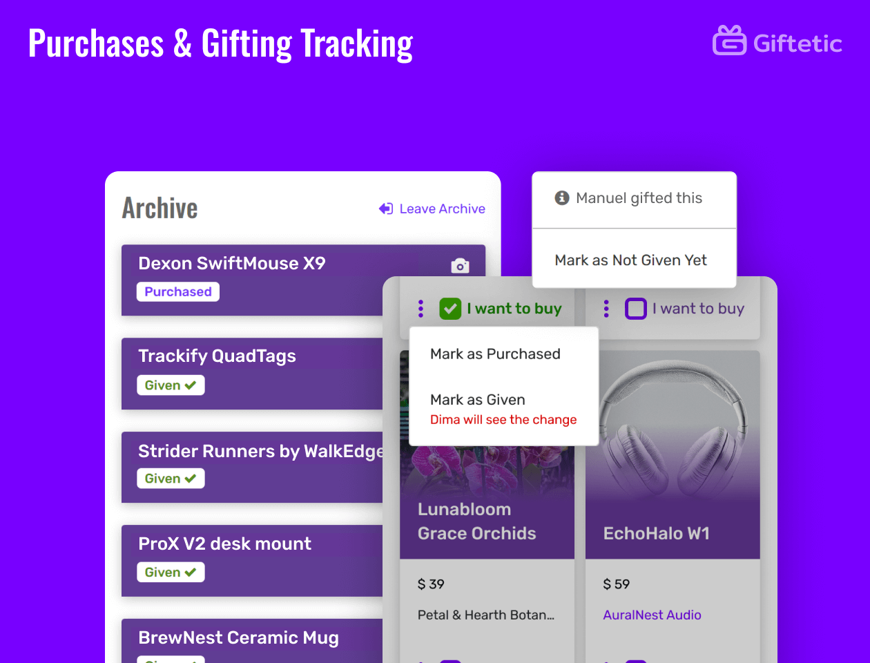 Purchases & Gifting Tracking feature of Giftetic