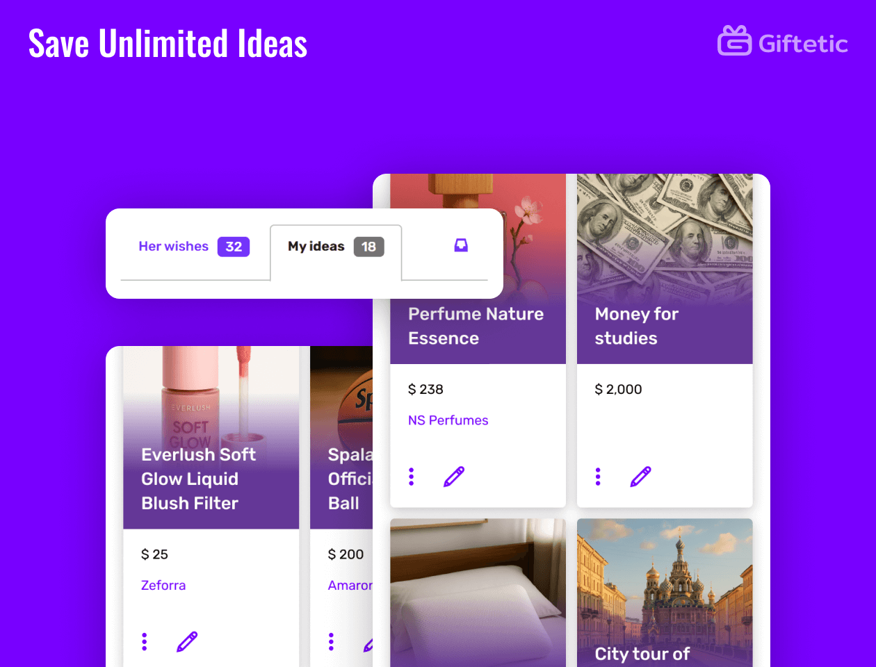 Save Unlimited Ideas feature of Giftetic