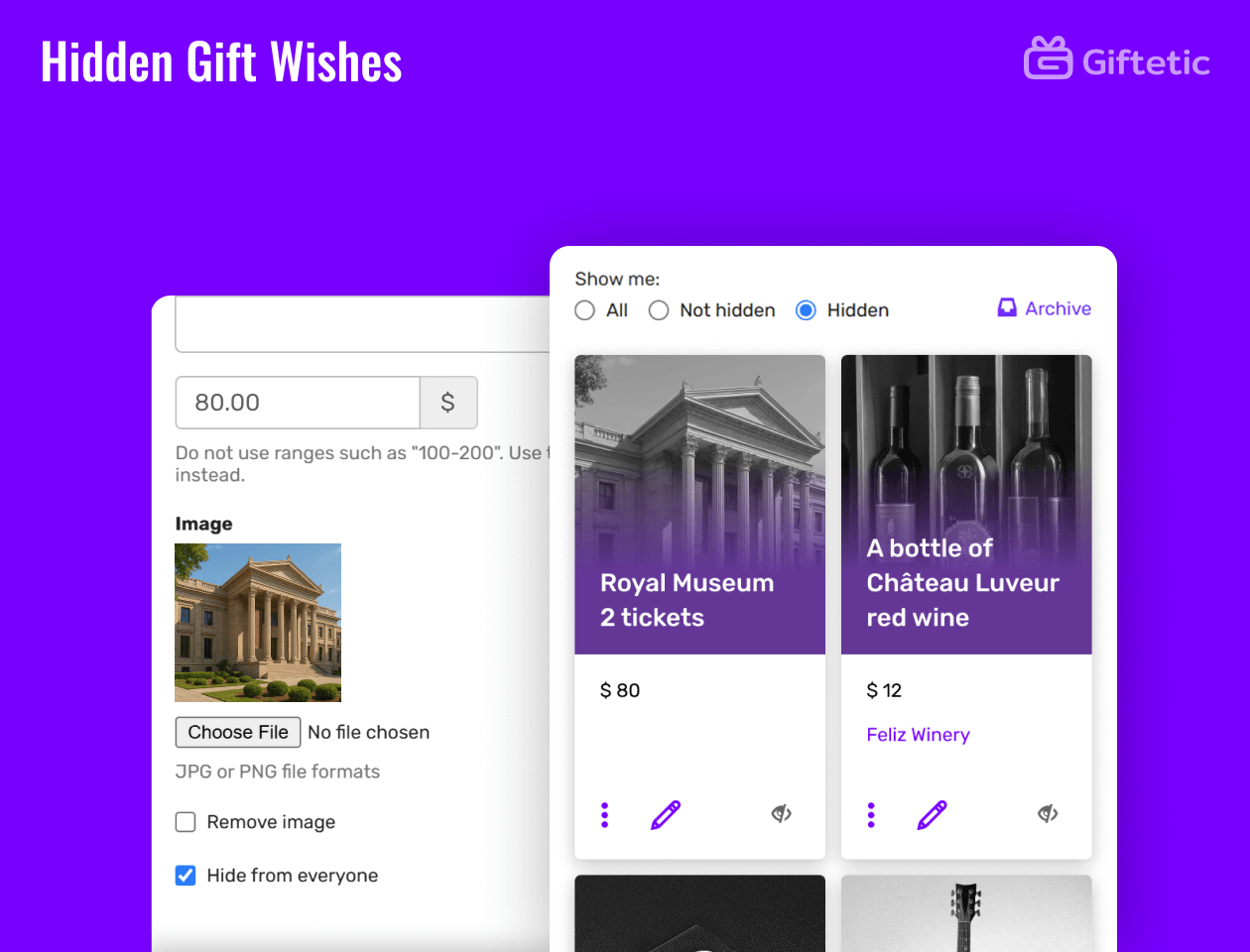 Hidden Gift Wishes feature of Giftetic